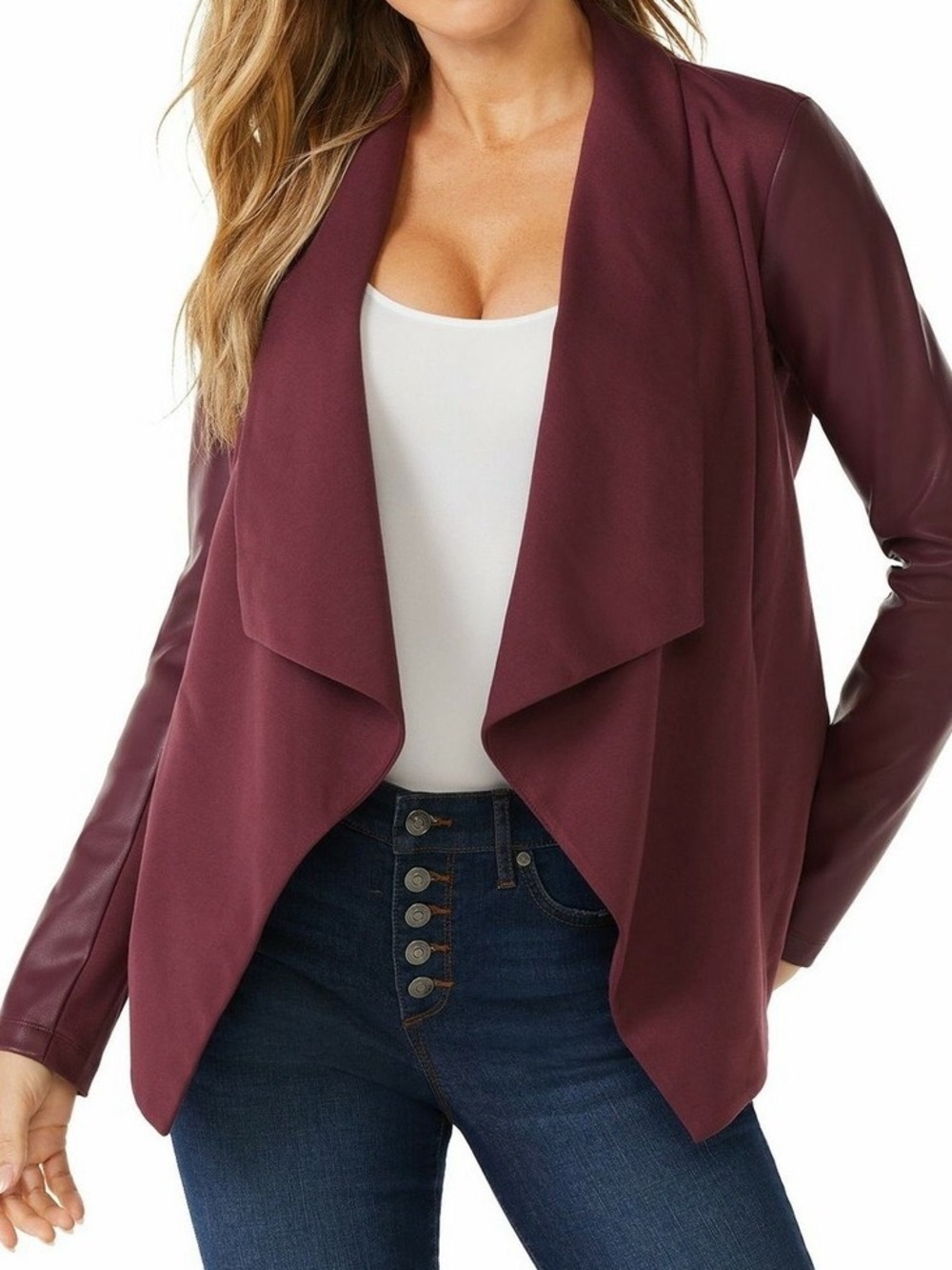 Women's Open Front Draped Cardigan in Wine